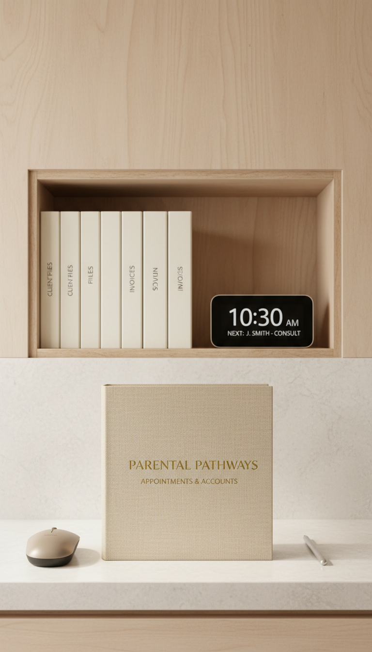 A structured desktop arrangement featuring a closed hardcover organizer in sand linen with gold-embossed lettering, flanked by a taupe wireless mouse and a silver stylus resting parallel, all placed on a pale stone countertop. Behind, an open, pale wood shelving niche holds neatly stacked folders and a sleek digital clock reading appointment times. Studio lighting from the left side brings measured brightness and precise, soft-edged shadows, maintaining a clean and ordered feel. The centered, symmetrical composition and neutral palette foster a mood of reliability and calm, captured with sharp focus and photographic realism. This image signifies organized, secure scheduling and payment solutions for a professional parental consulting business.